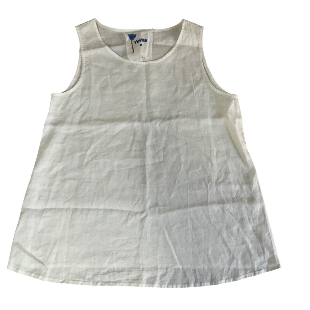 Yuvita Tank Top Womens Medium White 100% Linen Sleeveless Scoop Neck 1934A